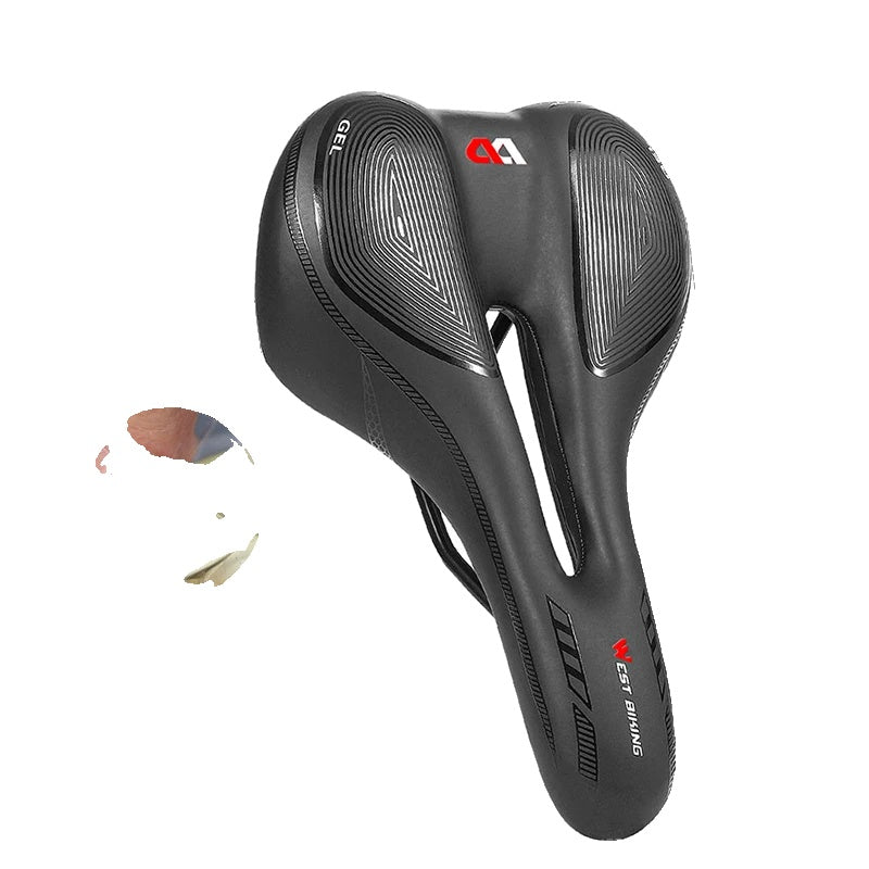 Selle de vélo ergonomique noire avec design aérodynamique, rembourrage confortable et rainure centrale pour ventilation. Accessoire cyclisme haute performance.