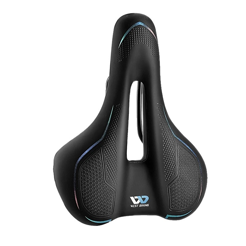 Selle de vélo ergonomique noire avec design antidérapant, ouverture centrale pour ventilation, idéale pour cyclisme sur route et VTT.
