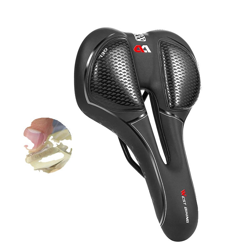 Selle de vélo ergonomique noire avec coussinets en gel, design aéré, idéale pour cyclisme longue distance, confort et performance optimisés.