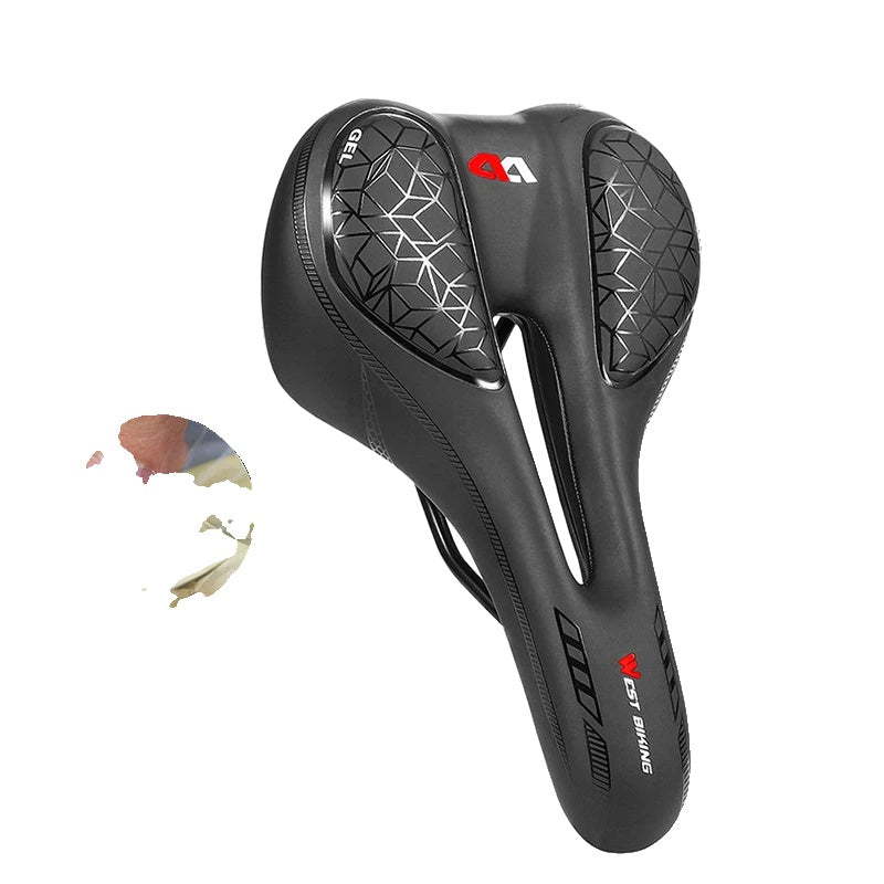 Selle de vélo ergonomique noire avec coussinets en gel, design antidérapant, idéale pour le confort et la performance cycliste.