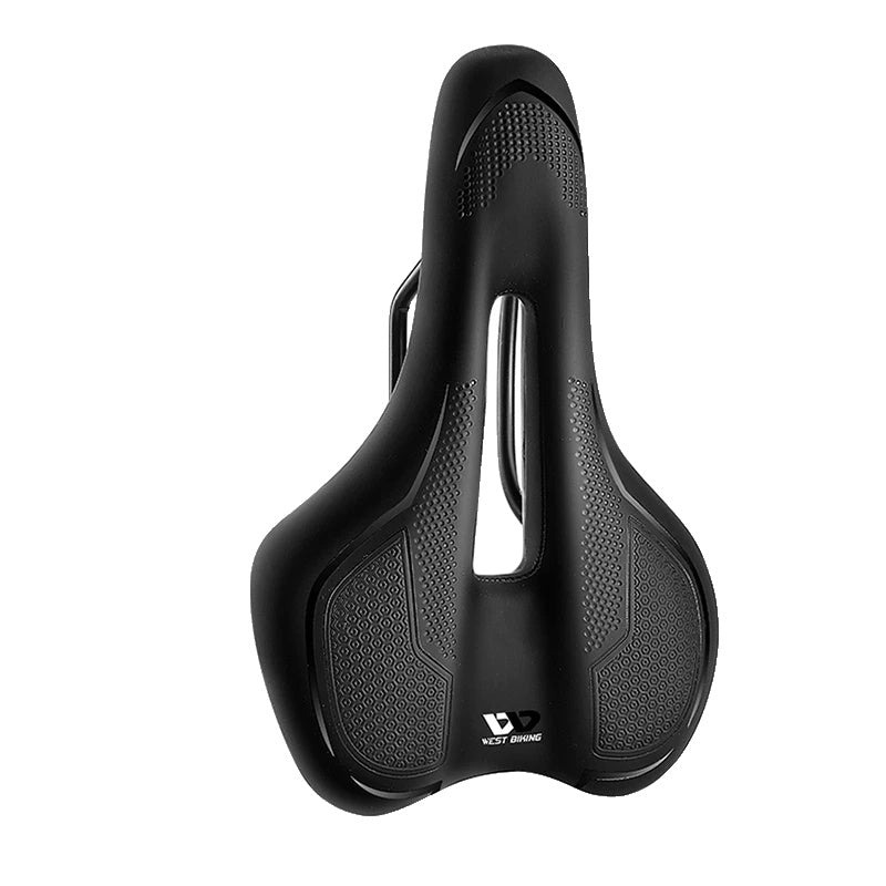 Selle de vélo ergonomique noire avec design ajouré, idéale pour le cyclisme, confort optimal, matériau antidérapant, marque visible.