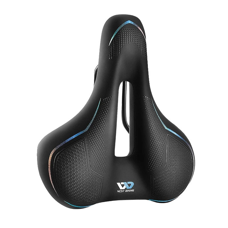 Selle de vélo ergonomique noire avec coussinets en gel, design respirant, idéale pour VTT et vélo de route, confort optimal pour longues distances.