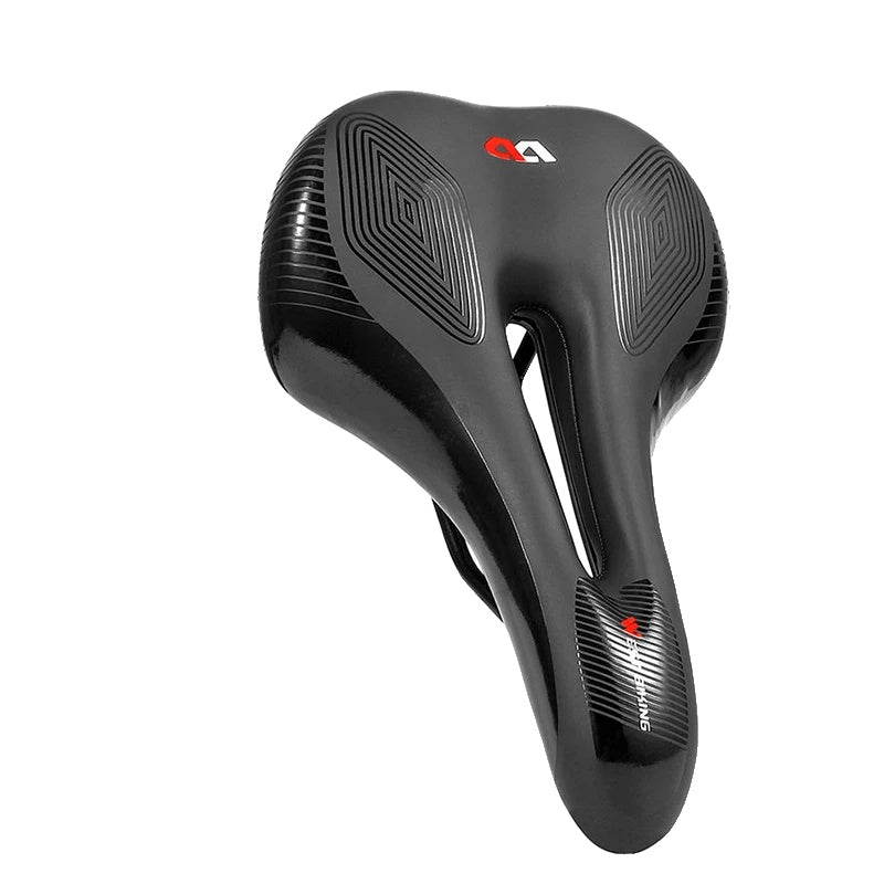 Selle de vélo ergonomique noire, design moderne, avec rainures pour confort et ventilation. Accessoire cyclisme haute performance.