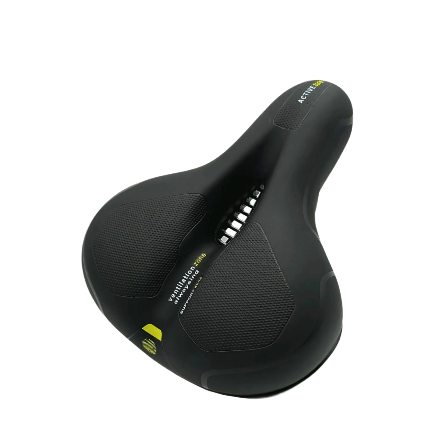 Selle de vélo ergonomique noire avec rembourrage en gel, design large et confortable, idéale pour VTT et vélo de route, améliore le confort de conduite.