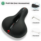 Selle de vélo ergonomique noire avec coussinets en gel, inclut housse imperméable, clé Allen et clé à molette. Confort optimal pour cyclisme.
