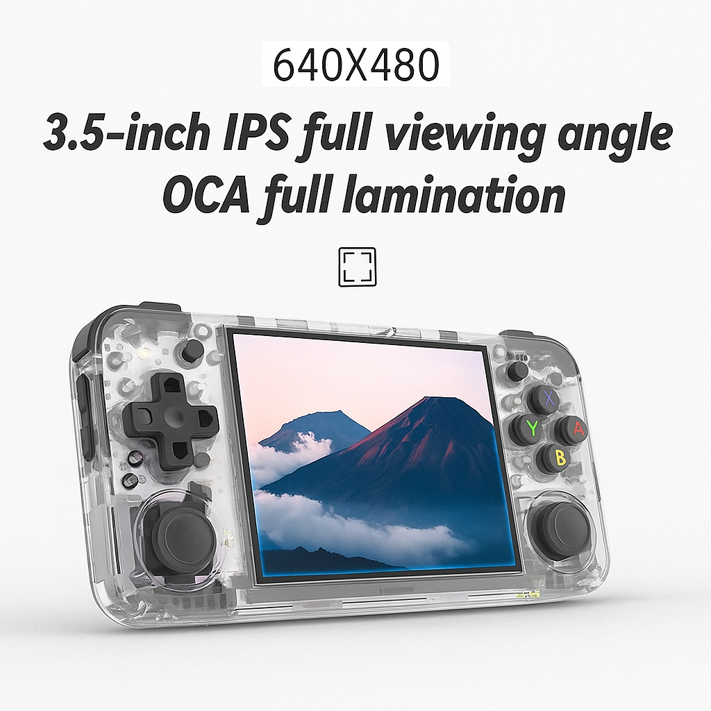 Console de jeu portable avec écran IPS 3,5 pouces, boîtier transparent, affichant des montagnes. Design ergonomique, boutons colorés.