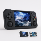Console de jeu portable noire avec écran affichant un jeu vidéo de tempête en mer, boutons colorés, manette intégrée; accessoires visibles en arrière-plan.