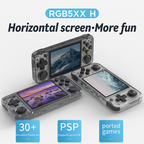 Console de jeu portable RGB5XX H avec écran horizontal, affichant des paysages, compatible PSP, émulateurs, jeux portés, design transparent.