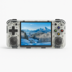 Console de jeu portable transparente avec écran affichant un paysage hivernal alpin, montagnes enneigées et église pittoresque, boutons colorés.