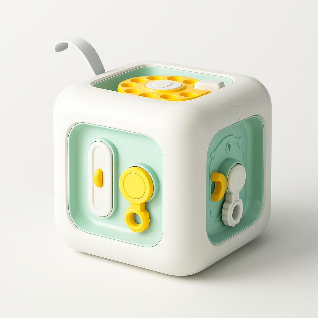 Cube d'activité sensorielle pour enfants, jouet éducatif interactif avec boutons colorés, idéal pour le développement cognitif et la motricité fine.