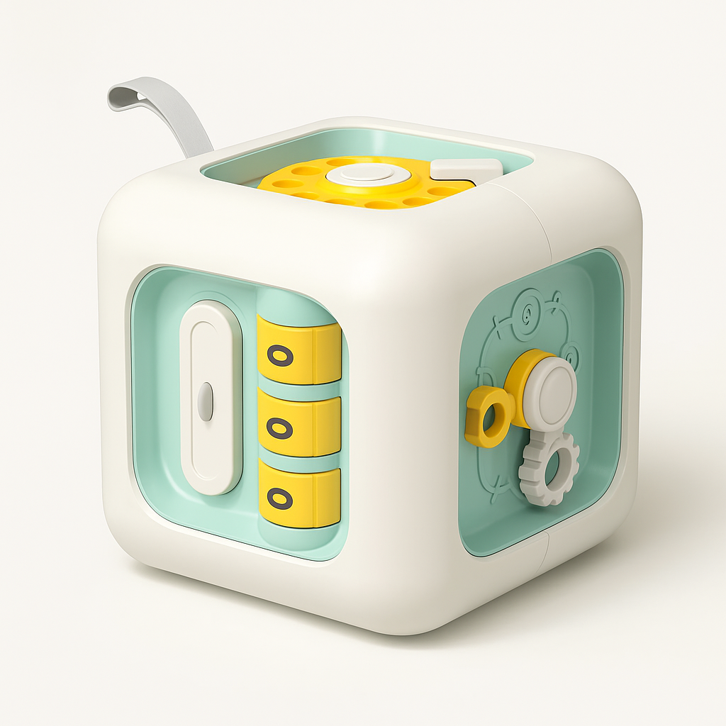Cube d'activité éducatif pour enfants, avec leviers et engrenages colorés, favorisant le développement cognitif et la motricité fine.