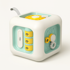Cube d'activité éducatif pour enfants, avec leviers et engrenages colorés, favorisant le développement cognitif et la motricité fine.