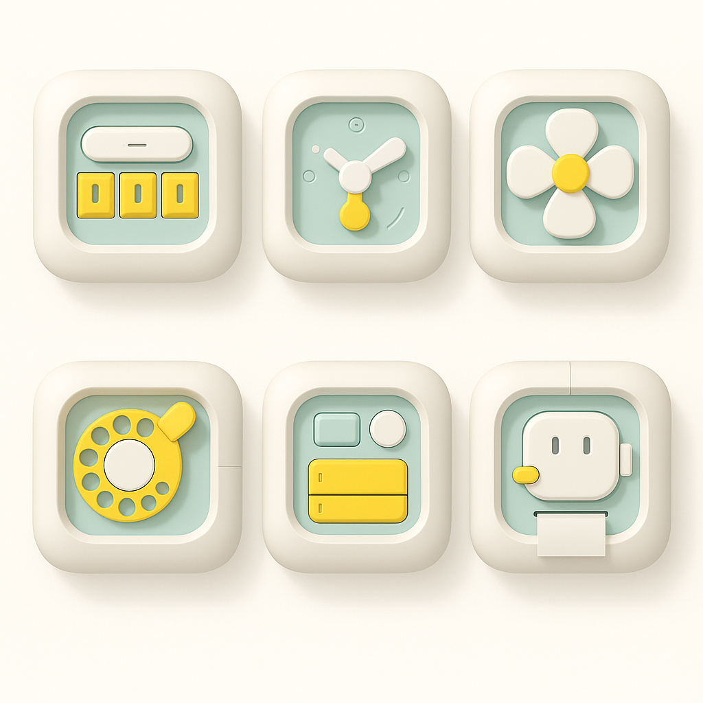 Icônes 3D rétro minimalistes : interrupteur, horloge, ventilateur, téléphone, radio, prise électrique. Design vintage, couleurs pastel.