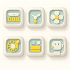 Icônes 3D rétro minimalistes : interrupteur, horloge, ventilateur, téléphone, radio, prise électrique. Design vintage, couleurs pastel.