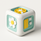 Cube éducatif pour enfants avec motifs de fleur et téléphone, couleurs pastel, jouet d'apprentissage interactif, développement sensoriel et cognitif.