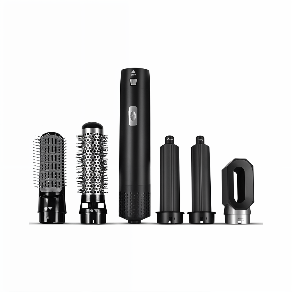 Coffret de coiffure multifonction noir avec sèche-cheveux, brosses interchangeables et accessoires. Outils coiffants modernes pour cheveux.