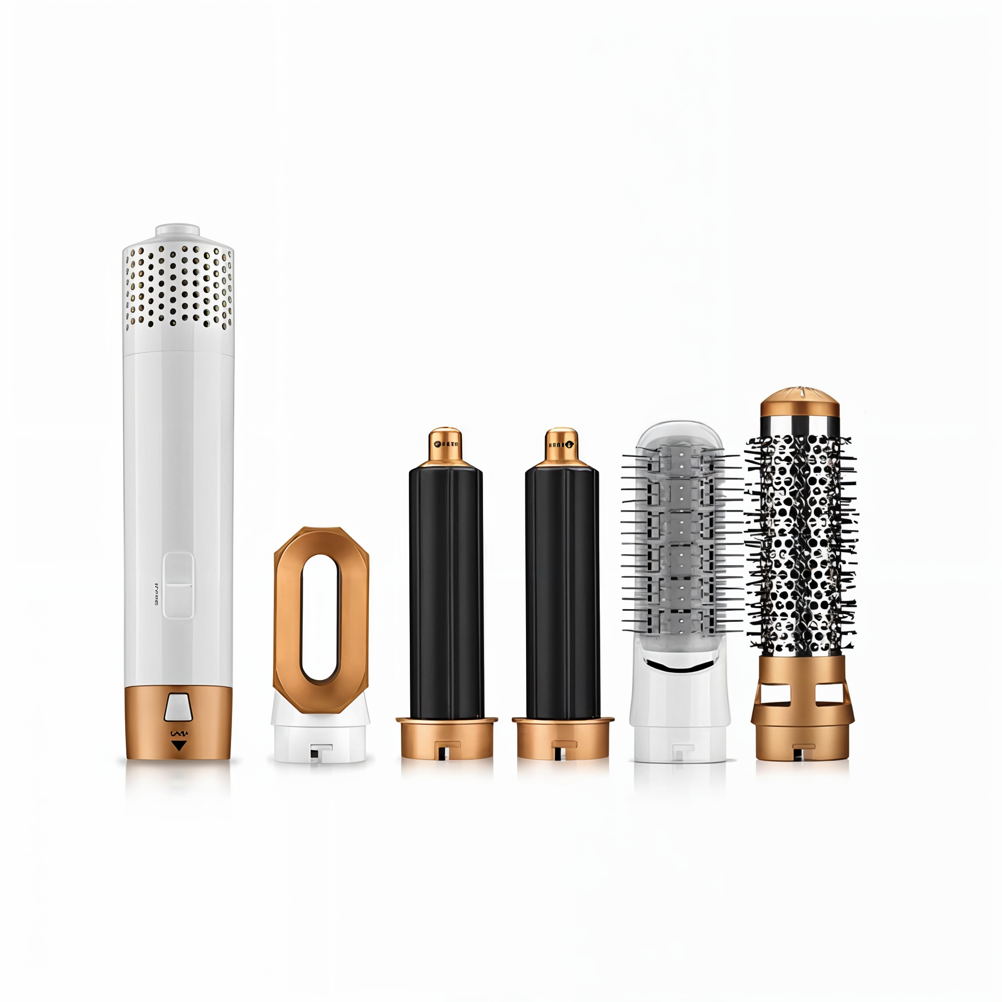 Sèche-cheveux multifonction blanc et or avec accessoires interchangeables, brosses et embouts coiffants. Outil de coiffure moderne et polyvalent.