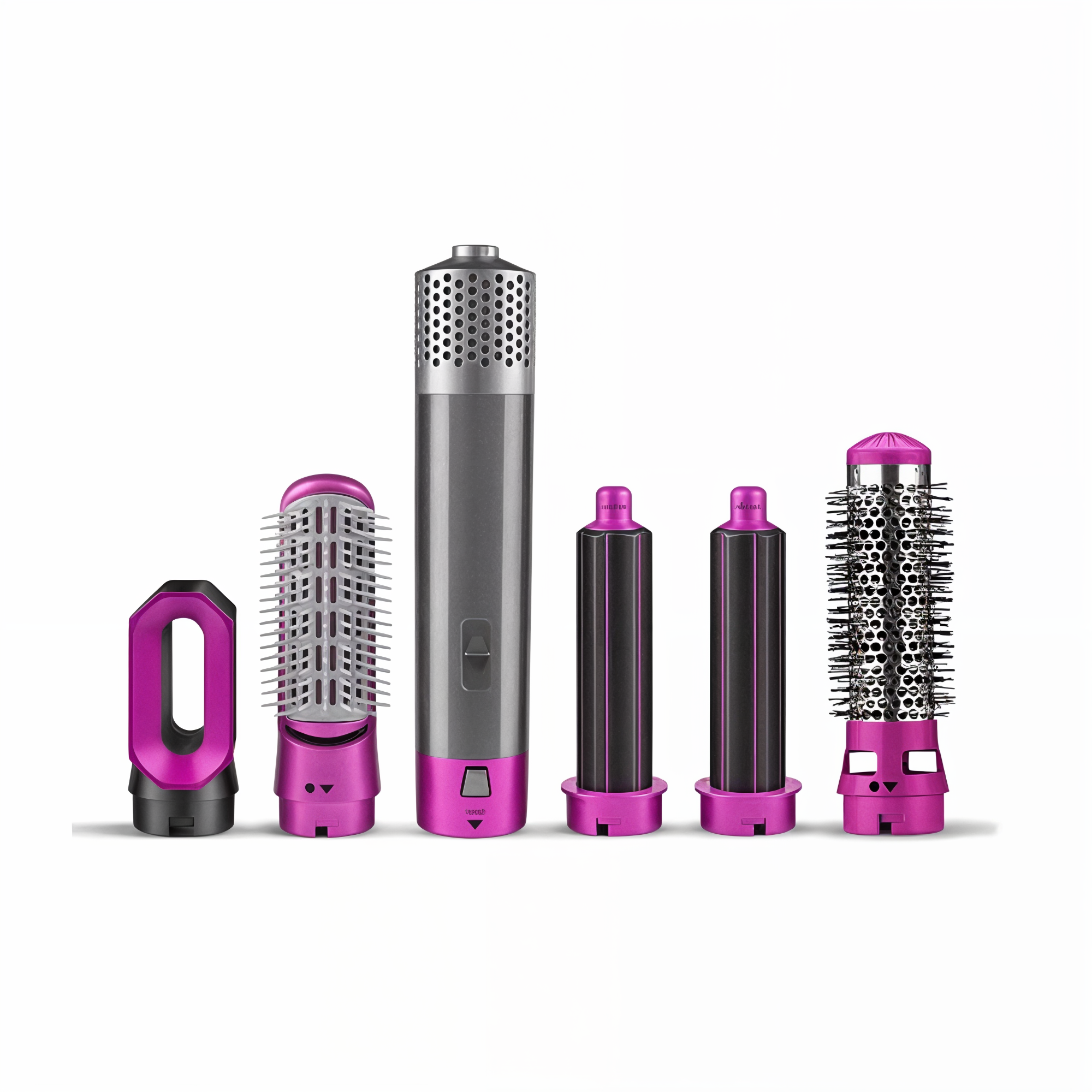Ensemble de coiffure multifonction violet et gris avec sèche-cheveux, brosses et embouts interchangeables pour boucler, lisser et volumiser les cheveux.