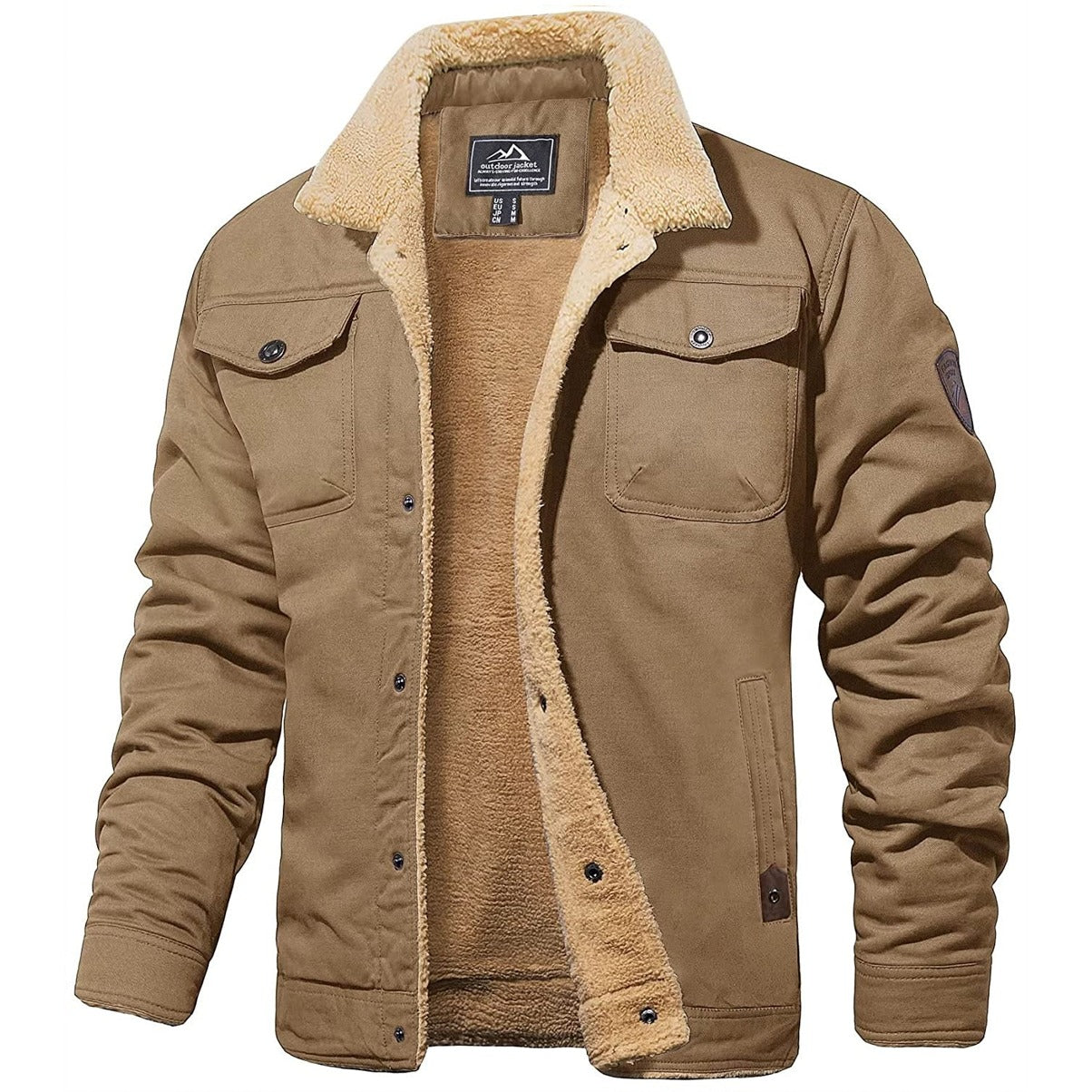 Veste en toile marron pour homme avec doublure en sherpa, col en fourrure, poches à rabat, style décontracté, idéale pour l'hiver.