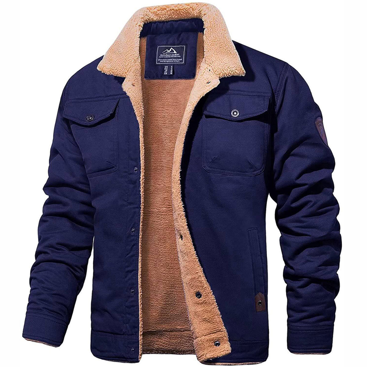 Veste homme bleu marine doublée en fourrure, col en sherpa, manches longues, poches poitrine, style décontracté et chaud pour l'hiver.