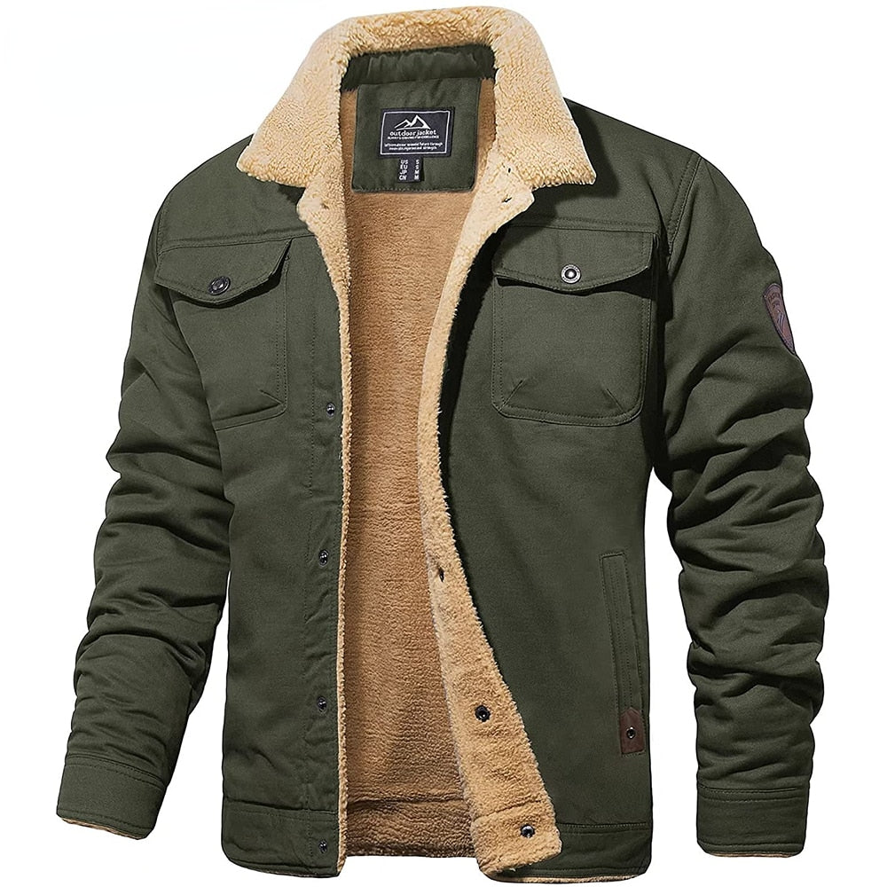 Veste homme verte doublée en polaire, col en fourrure synthétique, style décontracté, idéale pour l'hiver, mode masculine, vêtement chaud.