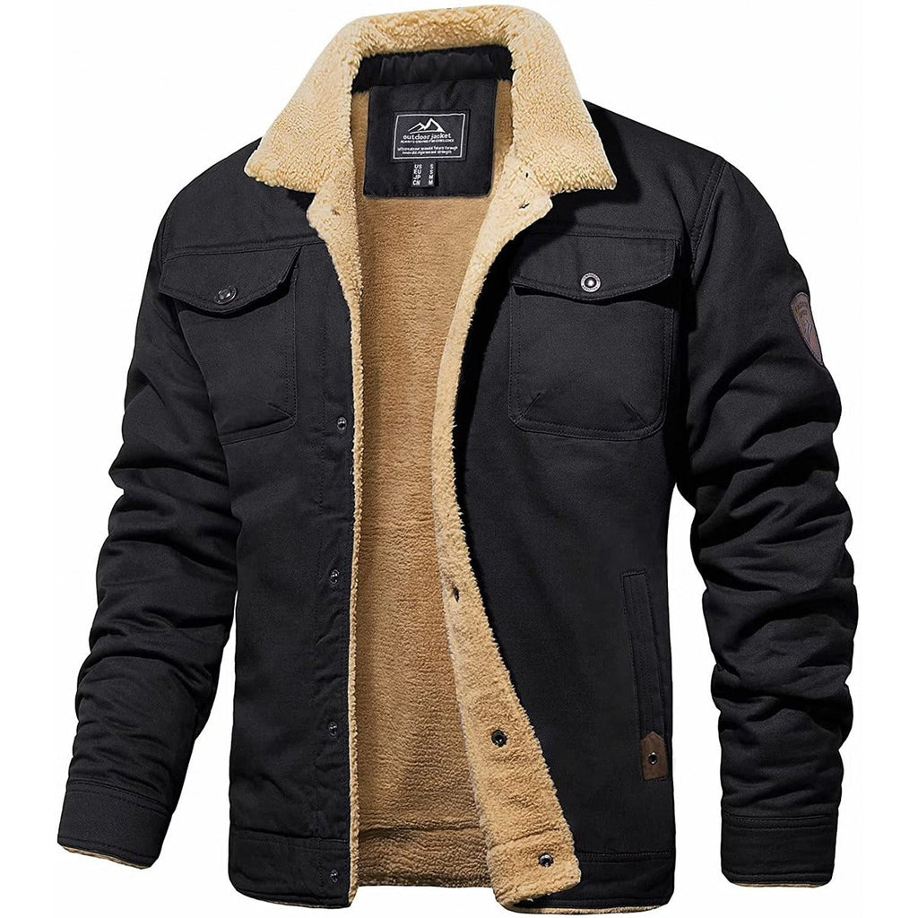 Veste homme noire doublée en sherpa, col en fourrure beige, poches poitrine à rabat, style décontracté, idéale pour l'hiver et l'automne.