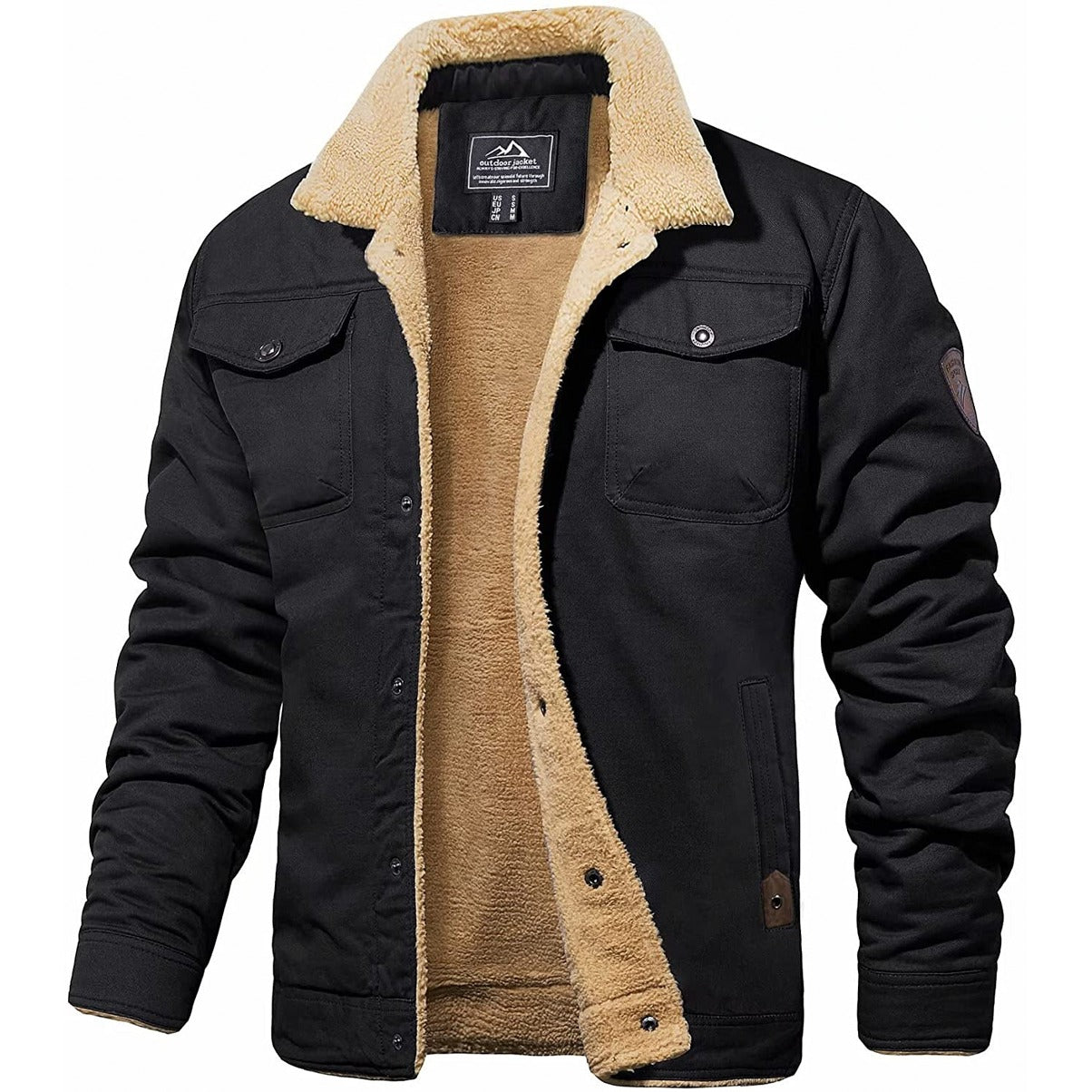 Veste homme noire doublée en sherpa, col en fourrure beige, poches poitrine à rabat, style décontracté, idéale pour l'hiver et l'automne.
