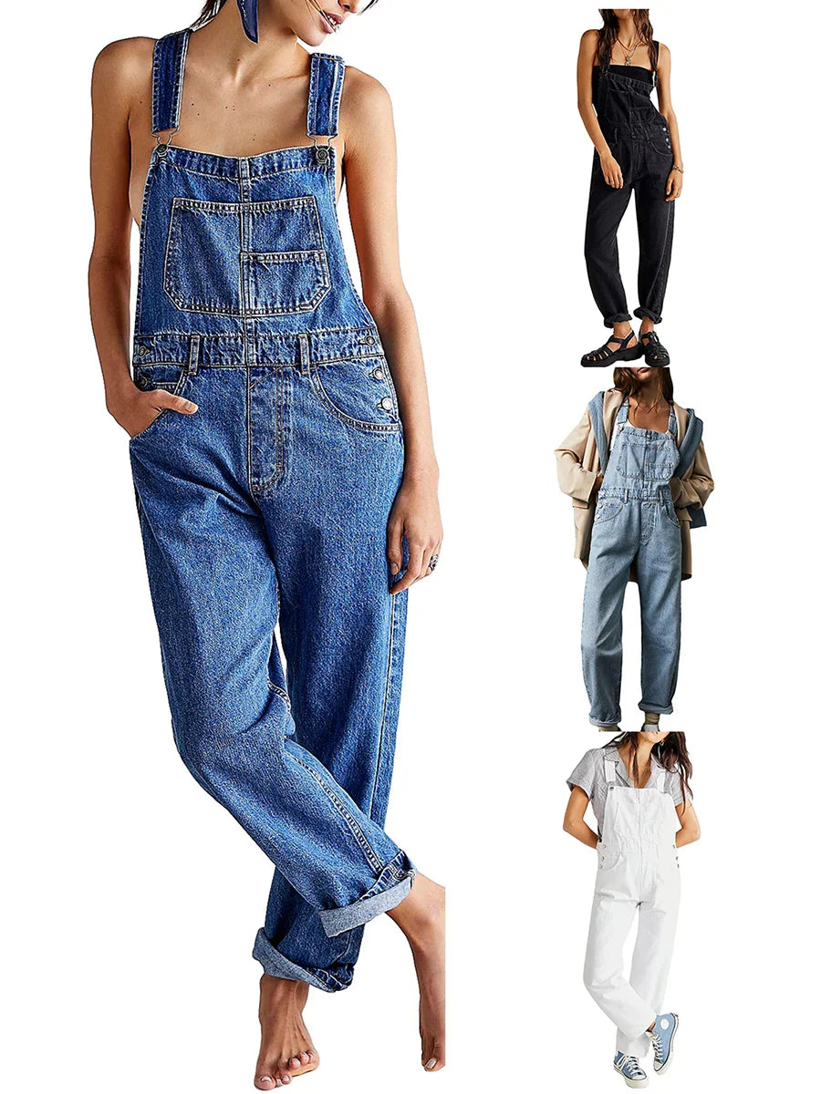 Salopette en jean pour femme, style décontracté, disponible en plusieurs couleurs : bleu, noir, gris, blanc. Mode tendance, confortable et polyvalente.