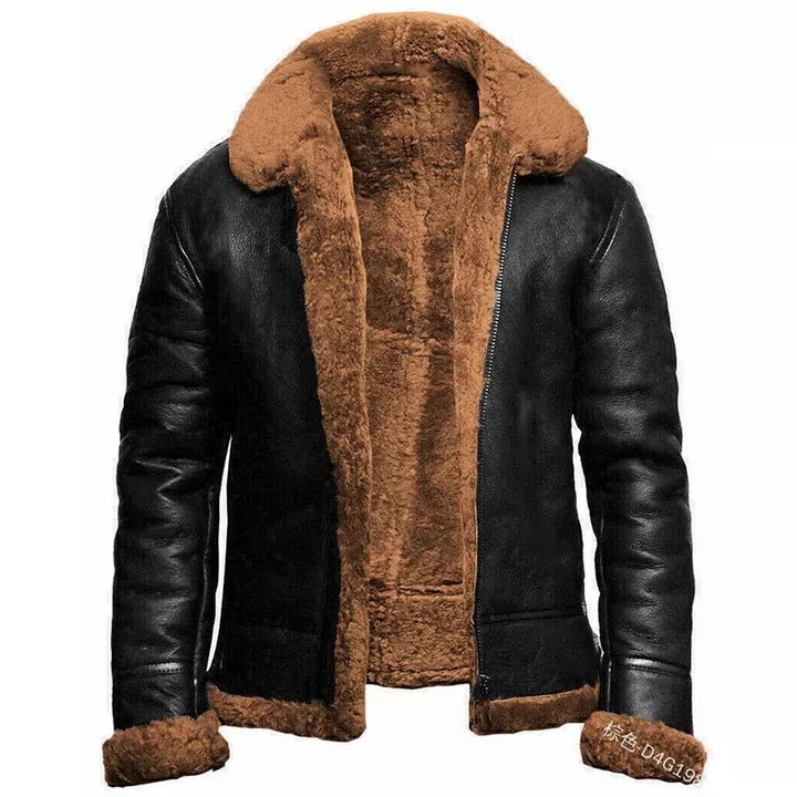 Veste en cuir noir avec doublure en fourrure marron, col et poignets en peau lainée, style aviateur, mode hiver, tendance homme.