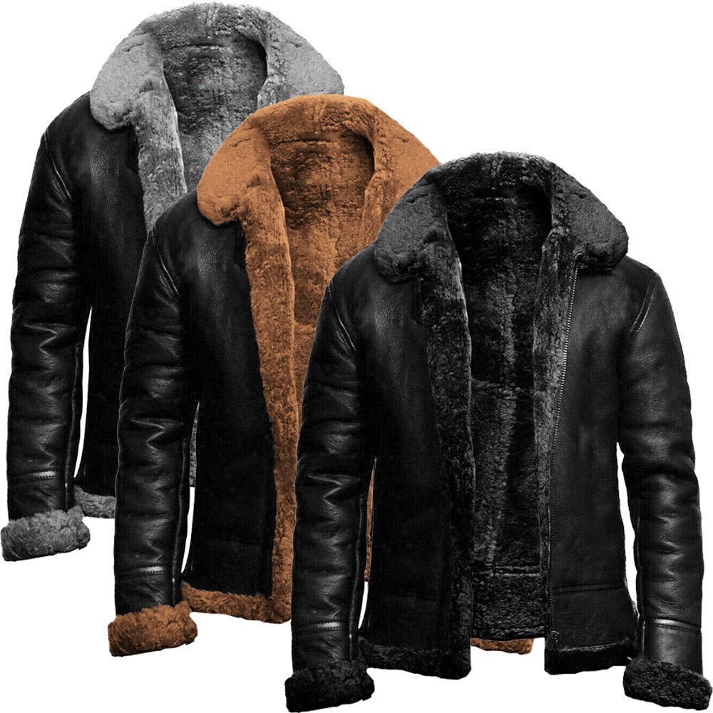Trois vestes en cuir aviateur pour homme avec doublure en fourrure, disponibles en noir, marron et gris. Mode hiver élégante et chaude.