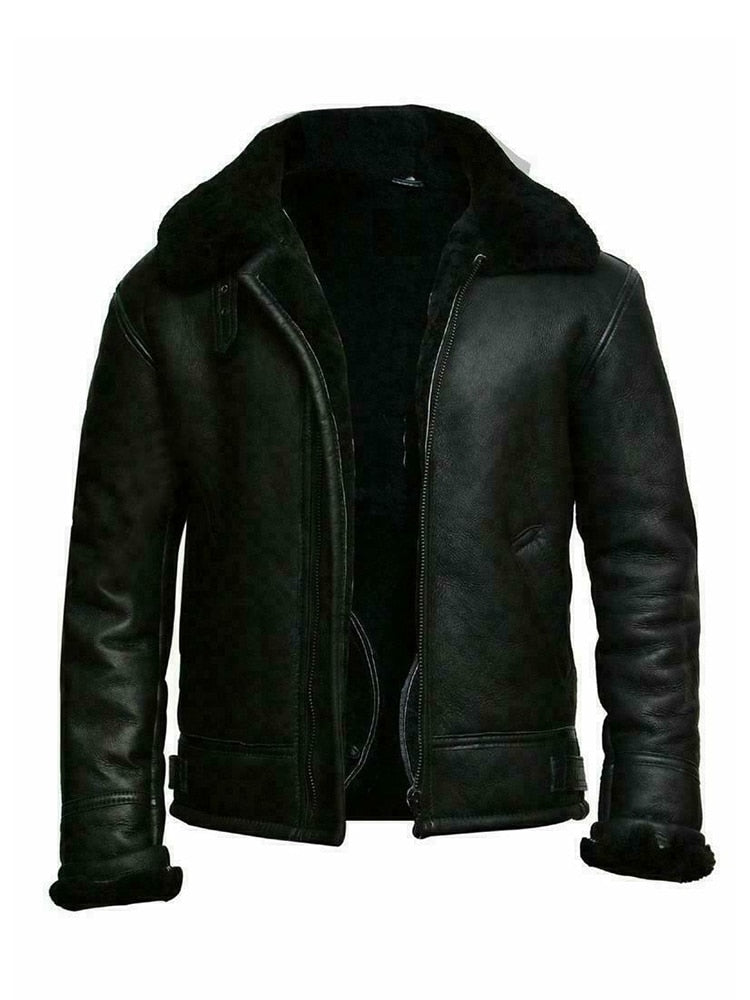 Veste en cuir noir pour homme avec col en fourrure, style aviateur, fermeture éclair, manches longues, mode hiver, élégante et tendance.