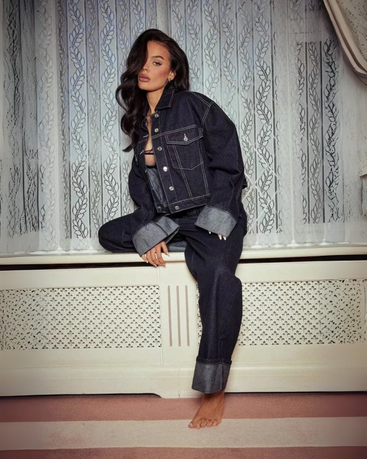 Ensemble deux pièces en denim avec veste en denim et pantalon long - Dames
