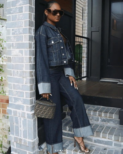 Ensemble deux pièces en denim avec veste en denim et pantalon long - Dames