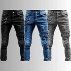 Trois jeans déchirés pour hommes, noir et bleu, avec boucles et fermetures éclair, sur fond dégradé. Mode urbaine, style moderne et tendance.