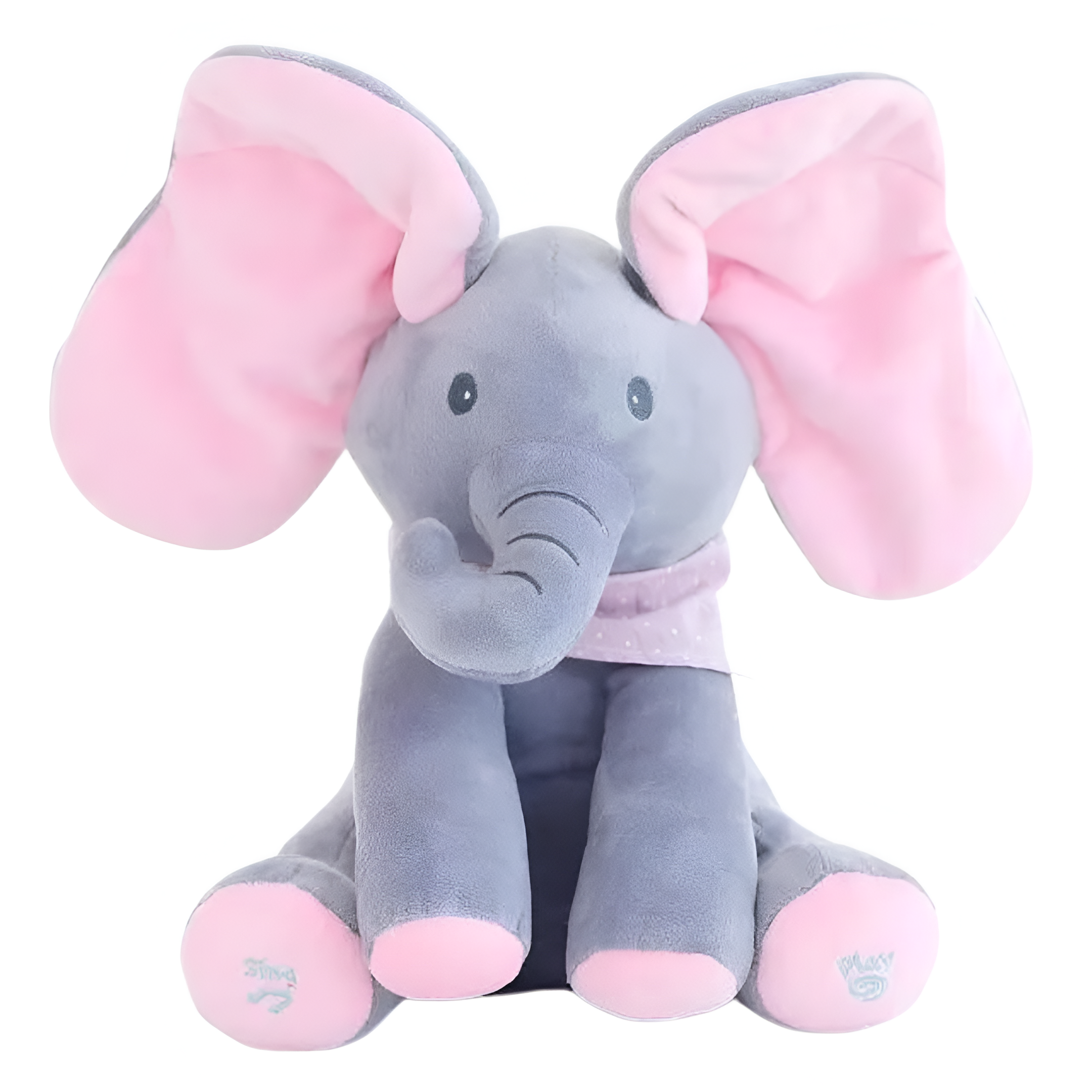 Peluche éléphant gris et rose avec grandes oreilles, assis, doux et câlin, jouet pour enfants, décoration chambre bébé, cadeau naissance.