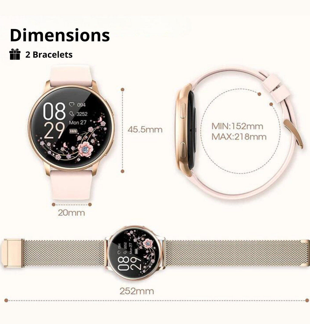 Montre connectée rose avec écran floral, deux bracelets interchangeables, dimensions 45,5mm, affichage digital, design élégant et moderne.
