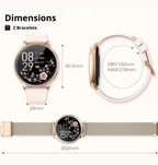 Montre connectée rose avec écran floral, deux bracelets interchangeables, dimensions 45,5mm, affichage digital, design élégant et moderne.