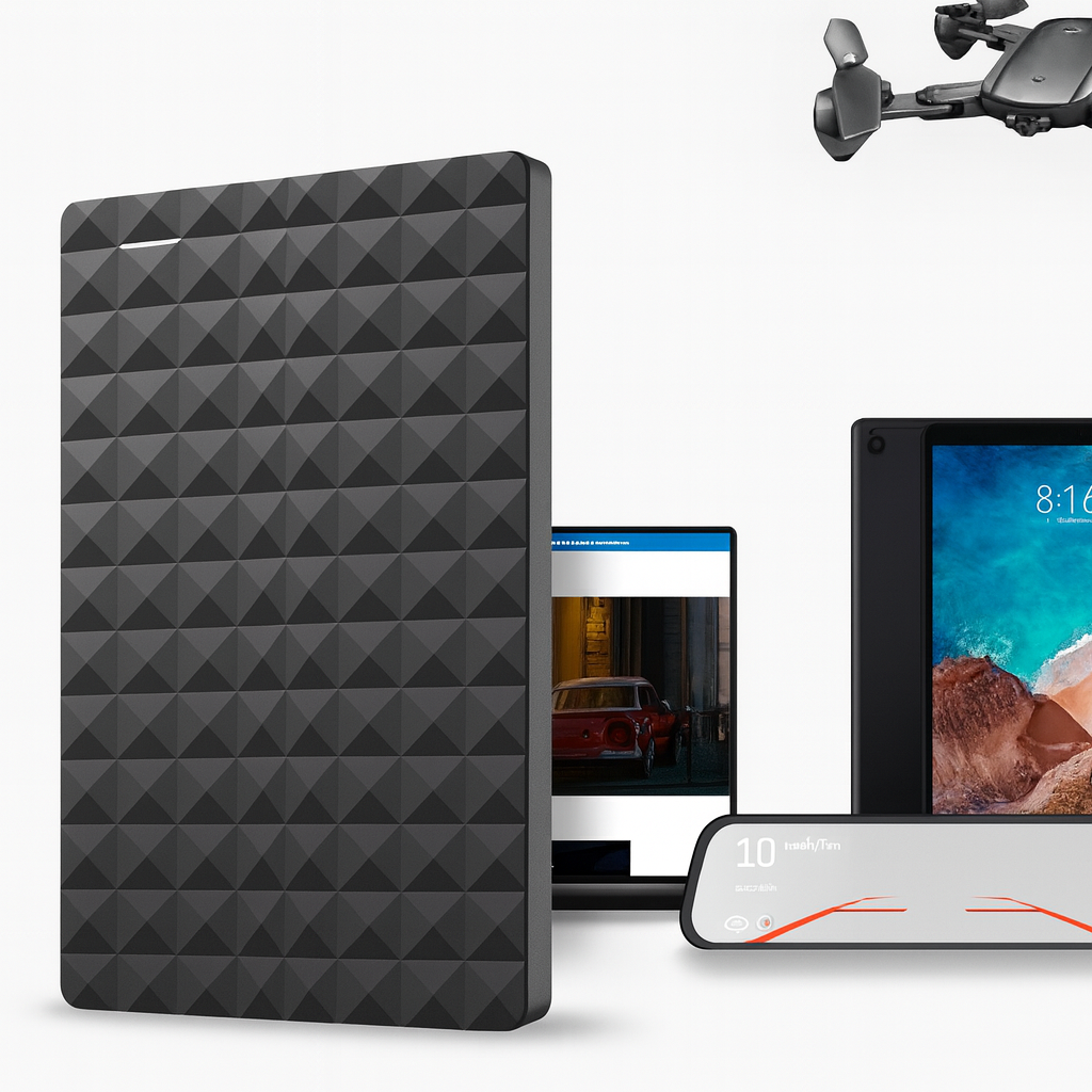 Disque dur externe noir texturé, ordinateur portable affichant une voiture rouge, cadre photo numérique avec plage, drone noir volant en arrière-plan.