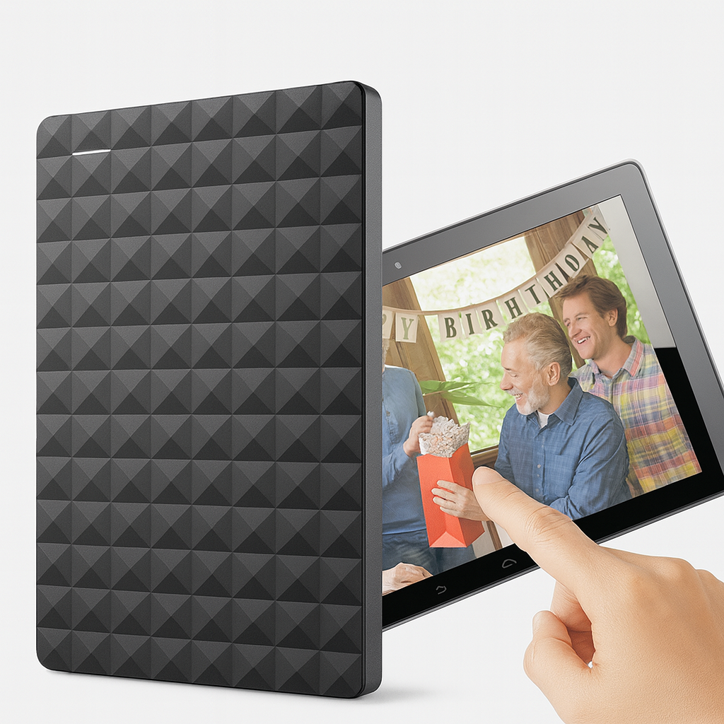 Disque dur externe noir texturé avec écran affichant une photo d'anniversaire, main interagissant avec l'image. Stockage numérique, technologie moderne.