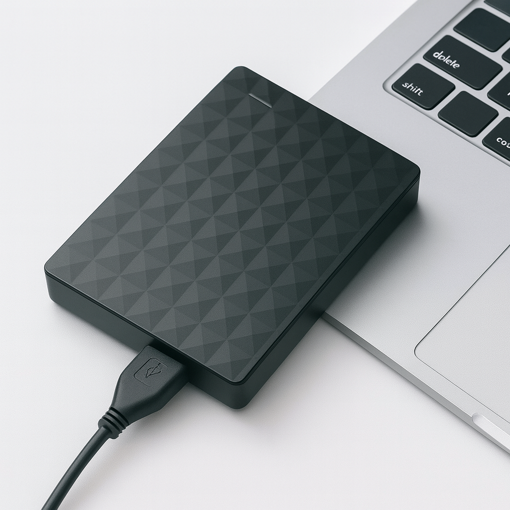 Disque dur externe noir connecté à un ordinateur portable argenté, câble USB branché, sur fond blanc. Stockage de données, technologie portable.
