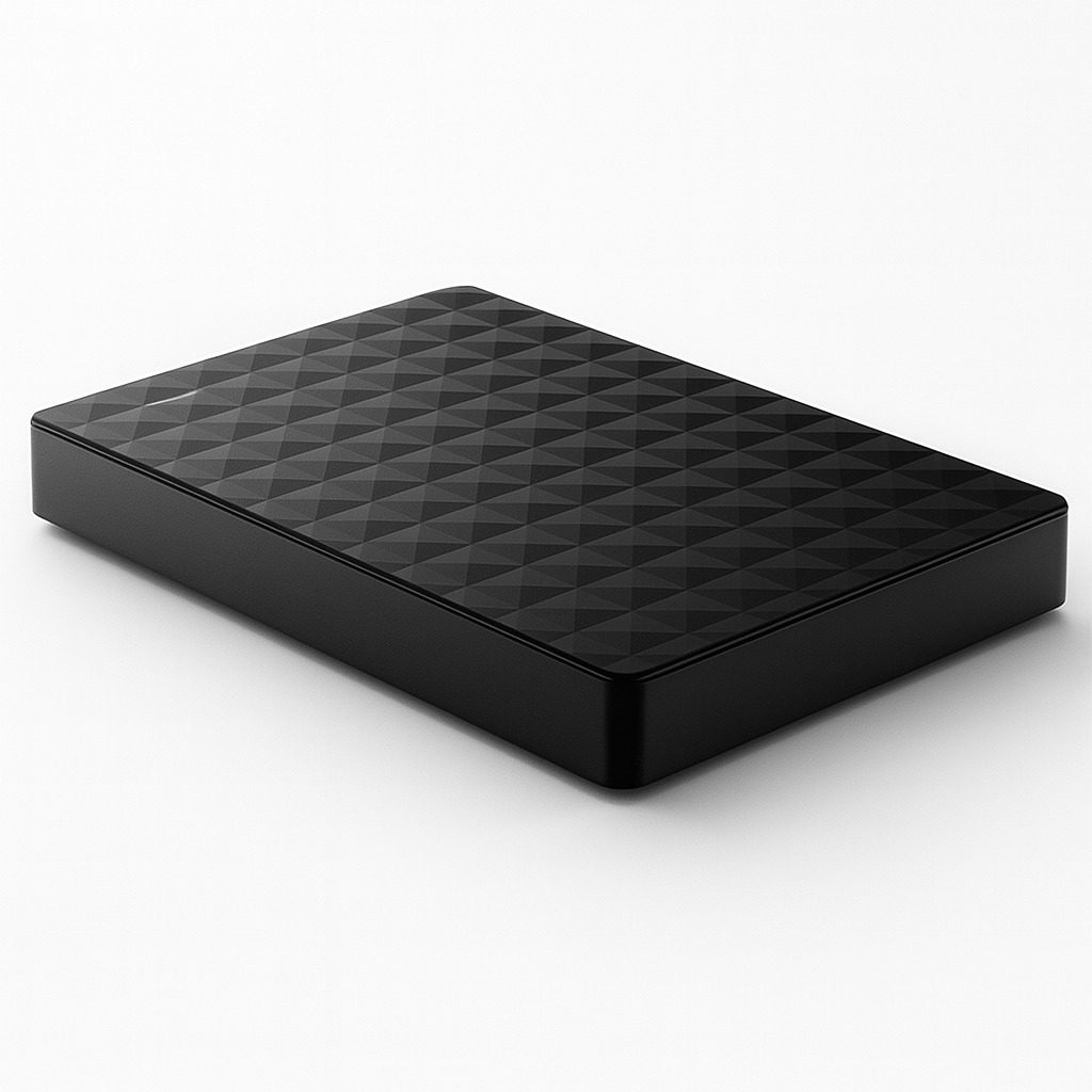 Disque dur externe noir, design géométrique, stockage portable, USB, haute capacité, accessoire informatique, sauvegarde de données, technologie moderne.
