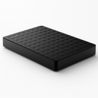 Disque dur externe noir, design géométrique, stockage portable, USB, haute capacité, accessoire informatique, sauvegarde de données, technologie moderne.