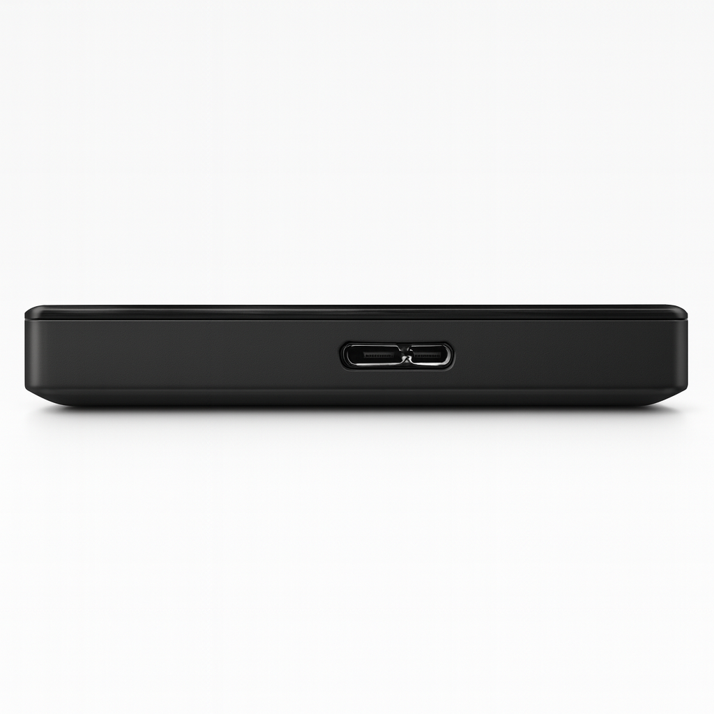 Disque dur externe noir avec port USB-C, design compact et moderne, idéal pour le stockage de données et la sauvegarde de fichiers numériques.