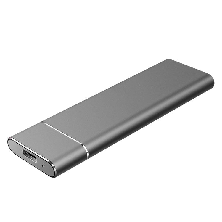 Boîtier SSD externe USB-C gris, design élégant et compact, idéal pour le stockage portable haute vitesse et la connectivité moderne.