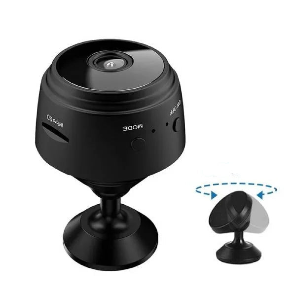 Caméra de sécurité sans fil noire avec support pivotant, idéale pour la surveillance intérieure. Design compact, haute résolution, connectivité Wi-Fi.