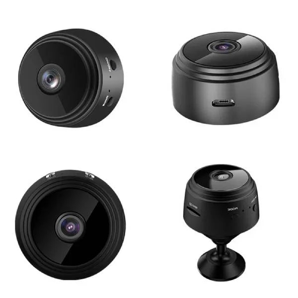 Quatre mini caméras de surveillance noires, design compact et moderne, idéales pour la sécurité intérieure. Caméras HD avec connectivité sans fil.