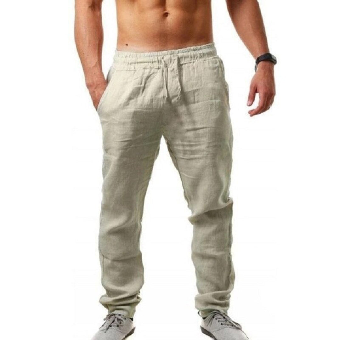 Pantalon en lin beige pour homme, coupe décontractée, avec poches latérales, taille élastique, idéal pour l'été et les tenues décontractées.