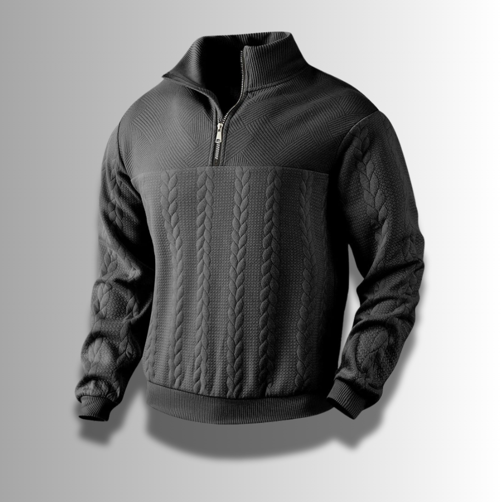 Pull en laine gris foncé avec motif torsadé, col zippé, manches longues. Mode hiver, vêtement chaud et élégant pour homme.