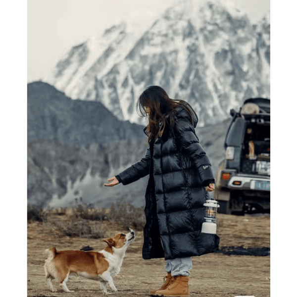 Femme en manteau noir interagissant avec un chien devant des montagnes enneigées, près d'un véhicule tout-terrain. Aventure, nature, randonnée.