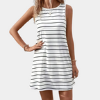 Robe d'été sans manches à rayures noires et blanches, style décontracté, col rond, idéale pour la mode féminine estivale.